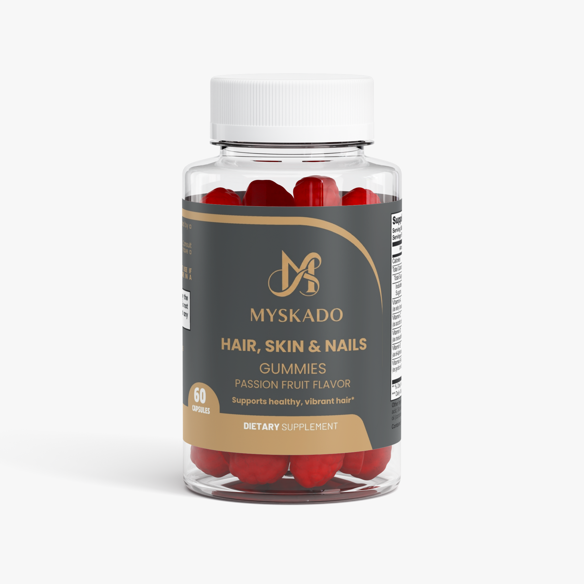 A clear plastic bottle of Myskado Hair, Skin & Nails gummies with a white cap and a dark gray label, containing red gummy capsules, set against a light gray background.