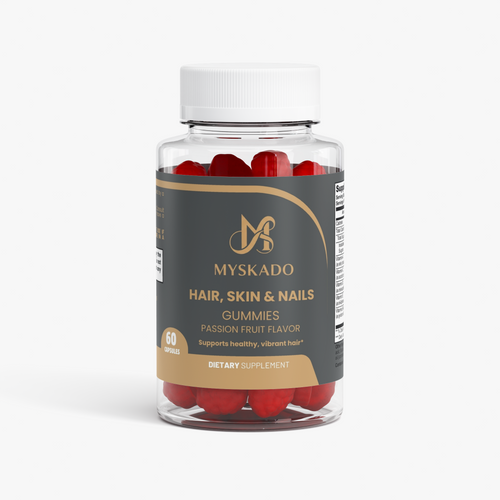 A clear plastic bottle of Myskado Hair, Skin & Nails gummies with a white cap and a dark gray label, containing red gummy capsules, set against a light gray background.